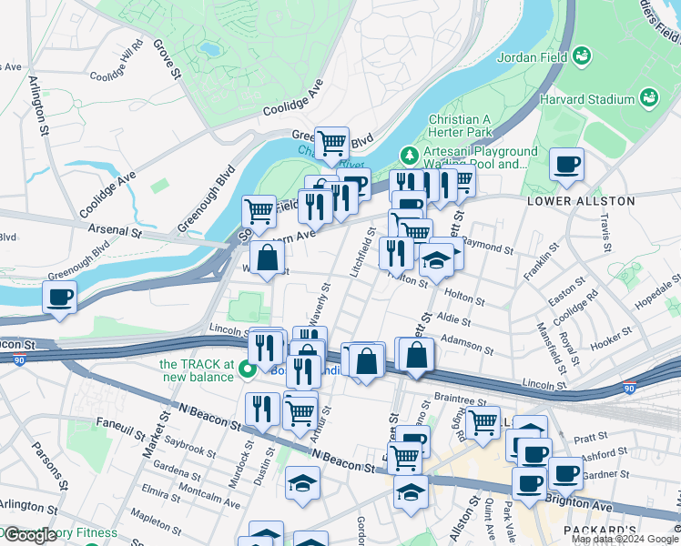map of restaurants, bars, coffee shops, grocery stores, and more near 25 Duval Street in Boston