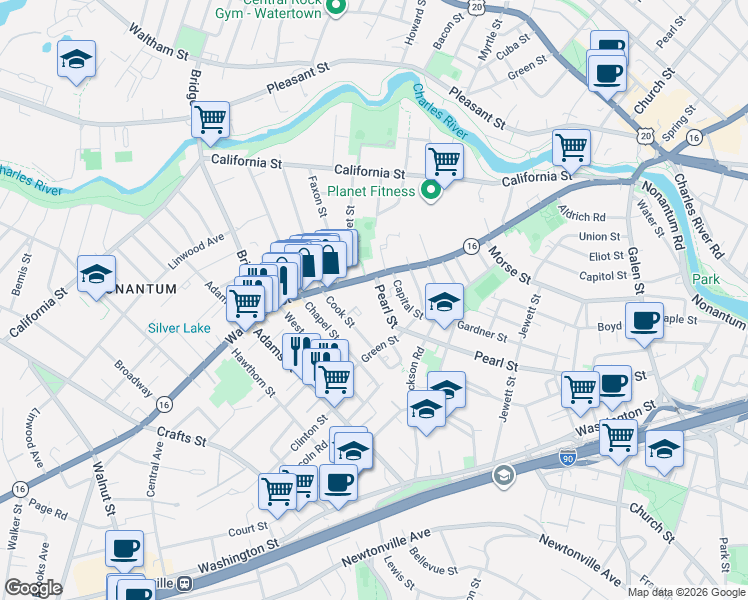 map of restaurants, bars, coffee shops, grocery stores, and more near 50 Cook Street in Newton