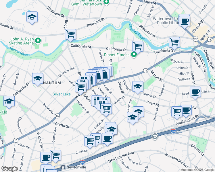 map of restaurants, bars, coffee shops, grocery stores, and more near 166-168 Chapel Street in Newton