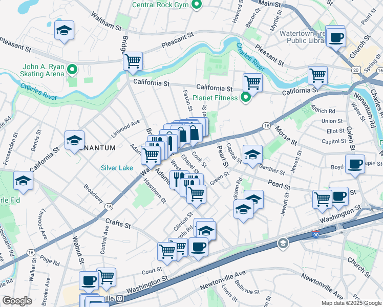 map of restaurants, bars, coffee shops, grocery stores, and more near 166 Chapel Street in Newton