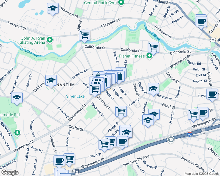 map of restaurants, bars, coffee shops, grocery stores, and more near 20 West Street in Newton
