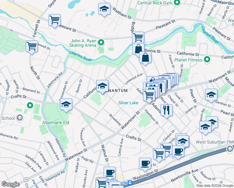 map of restaurants, bars, coffee shops, grocery stores, and more near 280 Nevada Street in Newton