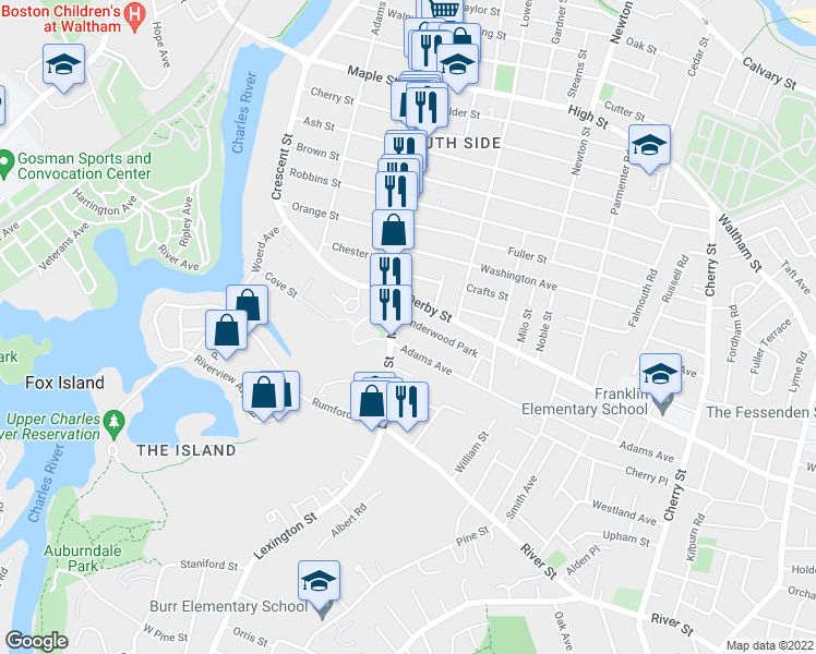 map of restaurants, bars, coffee shops, grocery stores, and more near 30 Adams Avenue in Newton