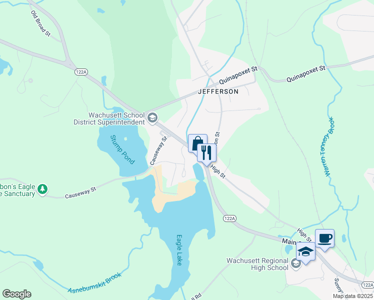 map of restaurants, bars, coffee shops, grocery stores, and more near 38 Village Way in Holden