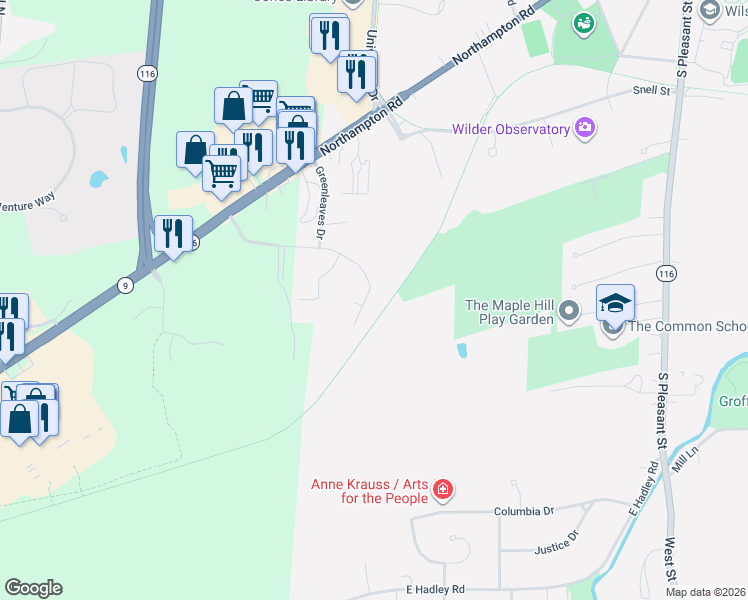 map of restaurants, bars, coffee shops, grocery stores, and more near 26 Greenleaves Drive in Amherst