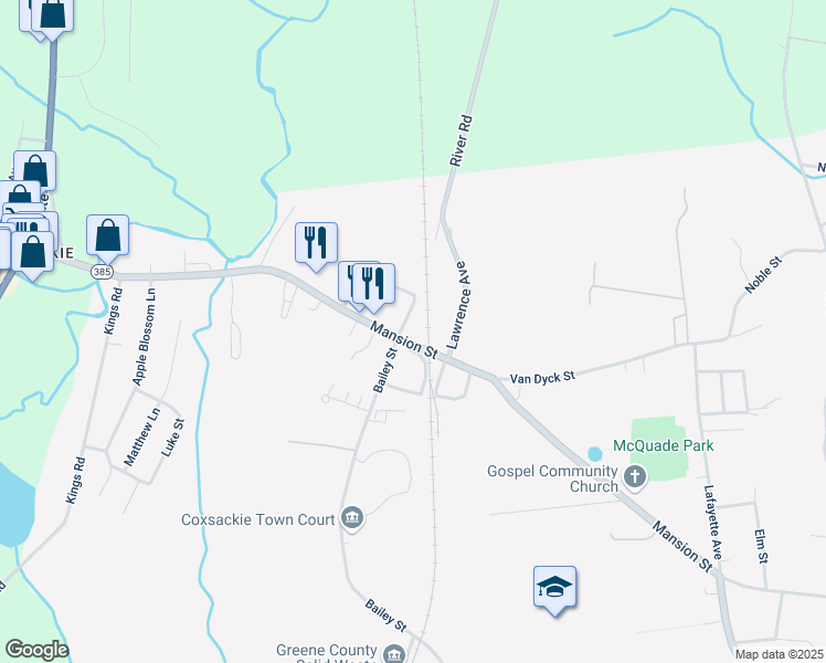 map of restaurants, bars, coffee shops, grocery stores, and more near 212 Mansion Street in Coxsackie