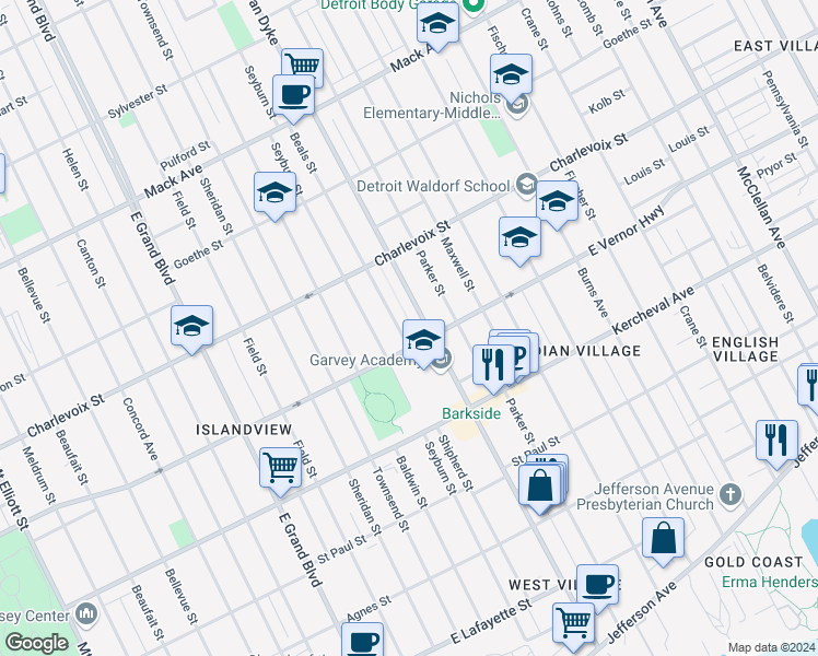 map of restaurants, bars, coffee shops, grocery stores, and more near 7829 East Vernor Highway in Detroit