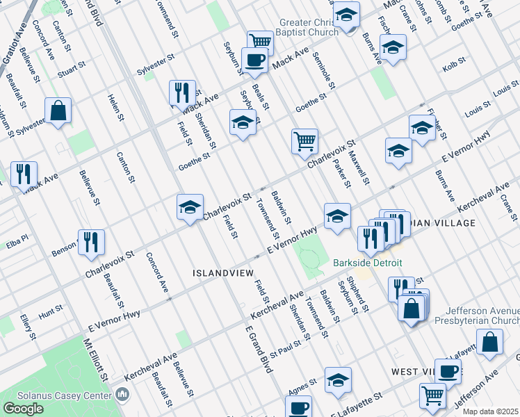 map of restaurants, bars, coffee shops, grocery stores, and more near 2499 Sheridan Street in Detroit