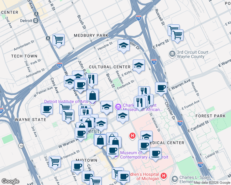 map of restaurants, bars, coffee shops, grocery stores, and more near 319 Farnsworth Street in Detroit