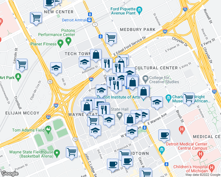 map of restaurants, bars, coffee shops, grocery stores, and more near 441 Gilmour Mall in Detroit