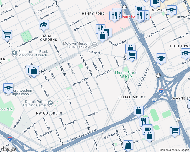 map of restaurants, bars, coffee shops, grocery stores, and more near 6040 Rosa Parks Boulevard in Detroit