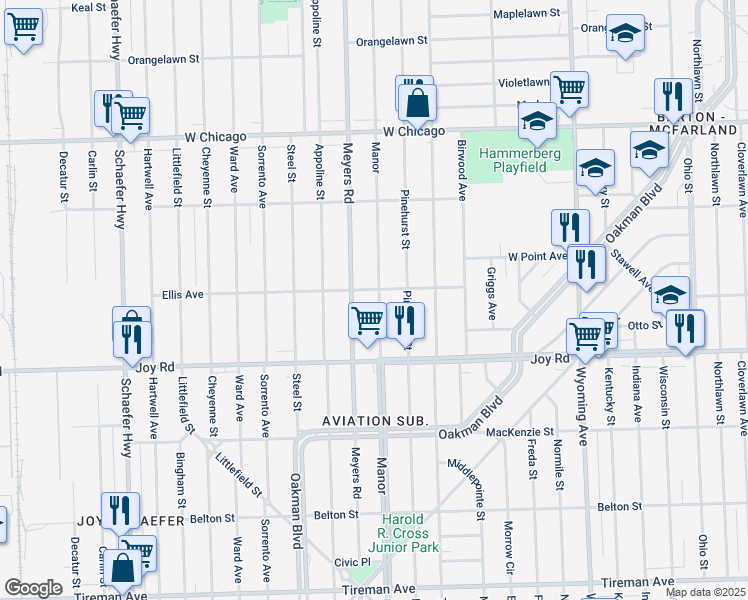map of restaurants, bars, coffee shops, grocery stores, and more near 8880 Meyers Road in Detroit