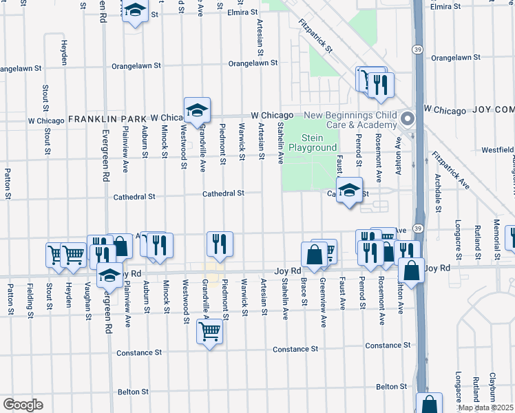 map of restaurants, bars, coffee shops, grocery stores, and more near 9034 Artesian Street in Detroit