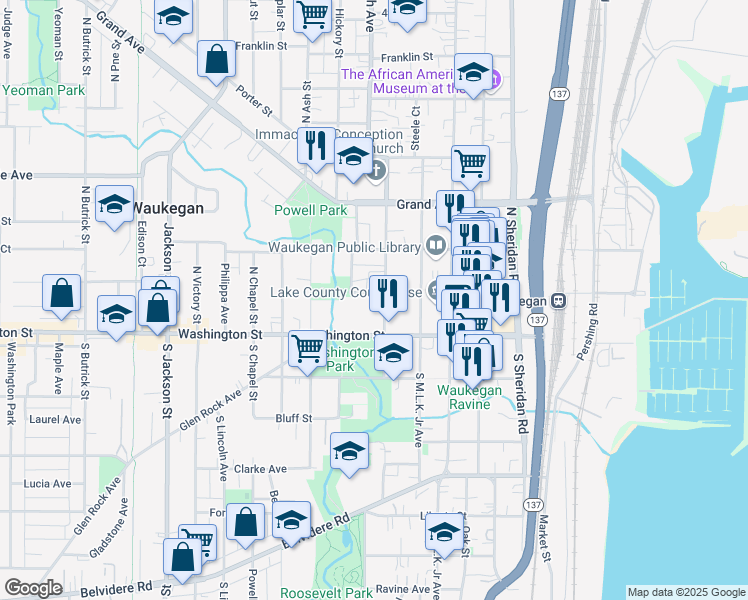 map of restaurants, bars, coffee shops, grocery stores, and more near 422 Washington Street in Waukegan