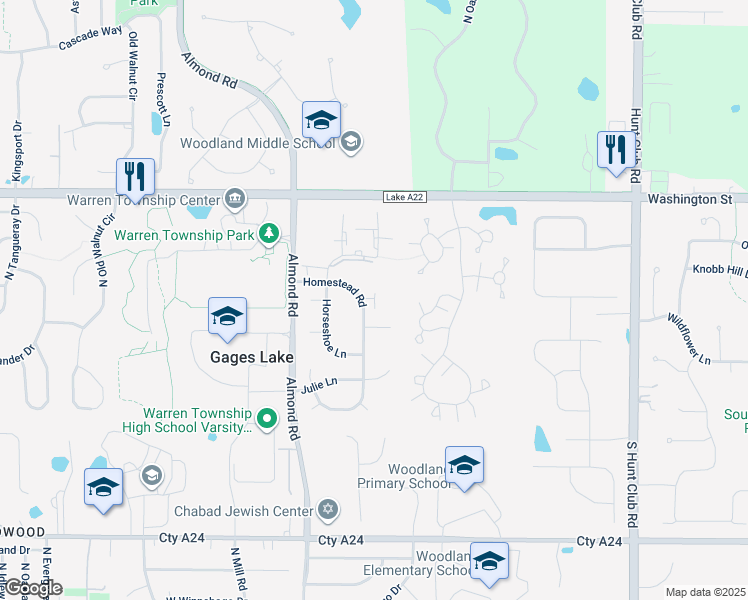 map of restaurants, bars, coffee shops, grocery stores, and more near 17574 Katie Court in Gurnee