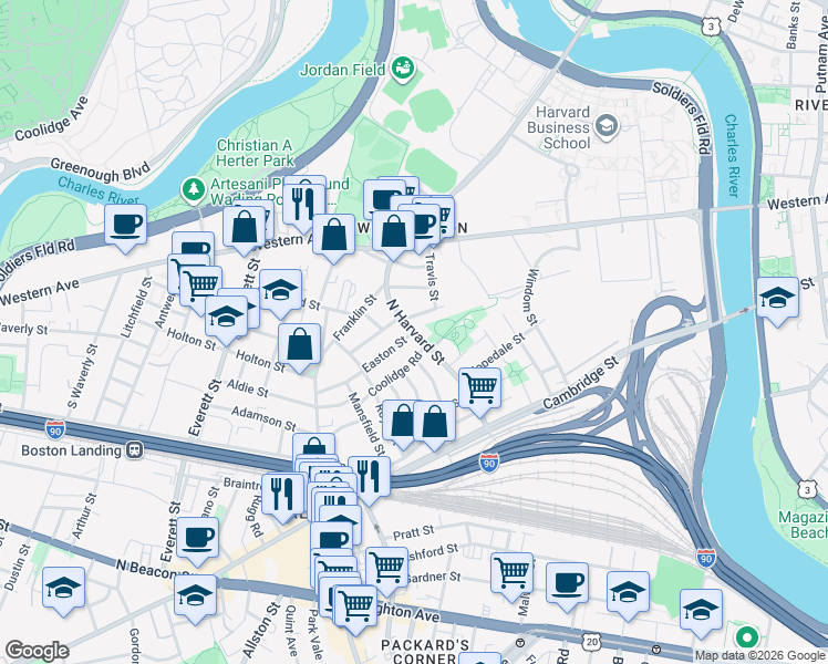 map of restaurants, bars, coffee shops, grocery stores, and more near N Harvard St & Easton St in Boston