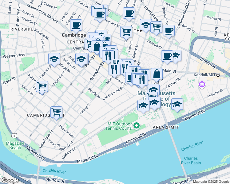 map of restaurants, bars, coffee shops, grocery stores, and more near Landsdowne Street in Cambridge