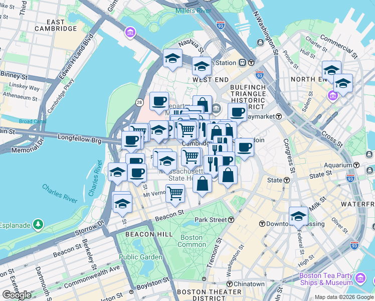 map of restaurants, bars, coffee shops, grocery stores, and more near 72 Joy Street in Boston