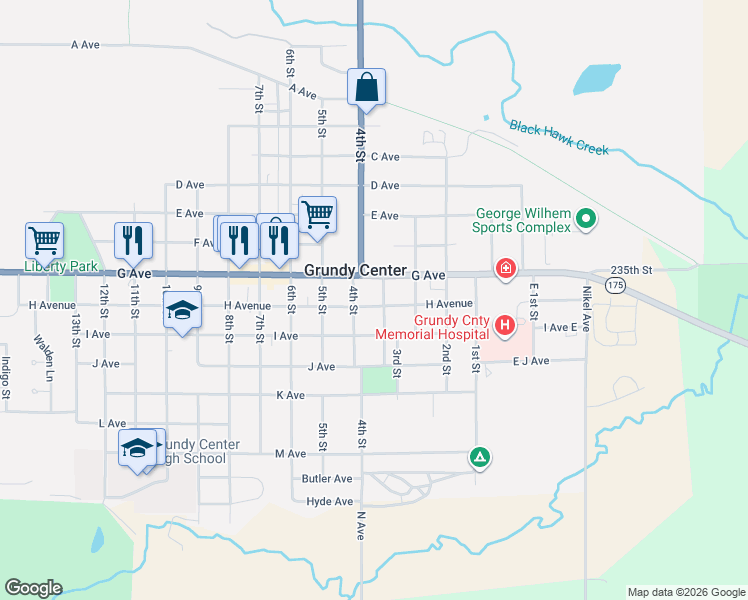 map of restaurants, bars, coffee shops, grocery stores, and more near 801-899 Frost St in Grundy Center