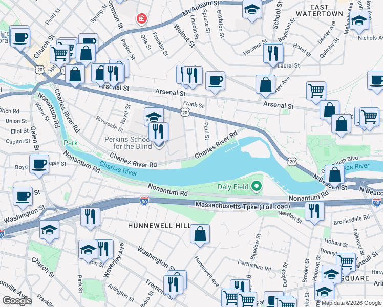 map of restaurants, bars, coffee shops, grocery stores, and more near 312 Charles River Road in Watertown
