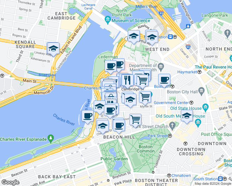 map of restaurants, bars, coffee shops, grocery stores, and more near 97 West Cedar Street in Boston