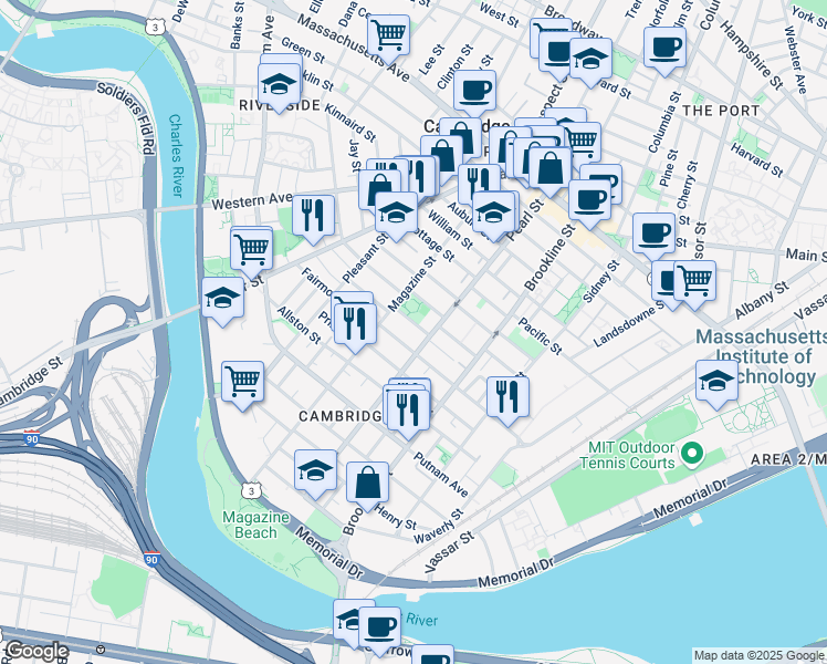 map of restaurants, bars, coffee shops, grocery stores, and more near 181 Erie Street in Cambridge