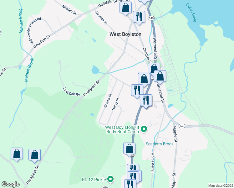 map of restaurants, bars, coffee shops, grocery stores, and more near 30 Henry Street in West Boylston