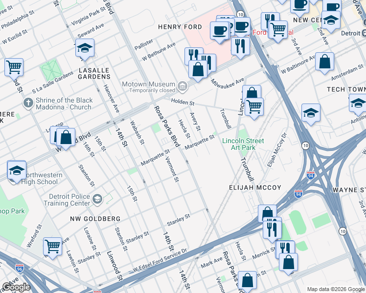 map of restaurants, bars, coffee shops, grocery stores, and more near 6040 Rosa Parks Boulevard in Detroit