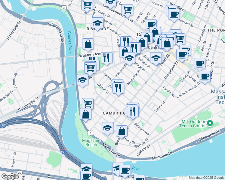 map of restaurants, bars, coffee shops, grocery stores, and more near 40 Prince Street in Cambridge