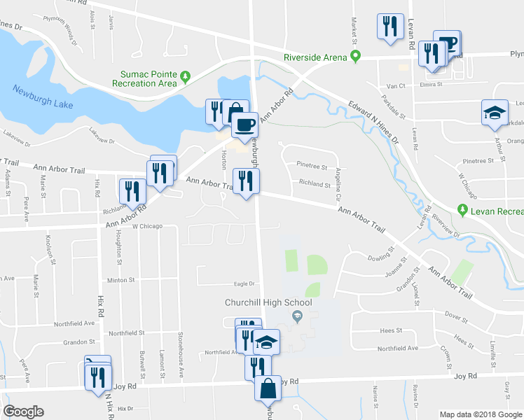map of restaurants, bars, coffee shops, grocery stores, and more near 37363 Blake Drive in Livonia