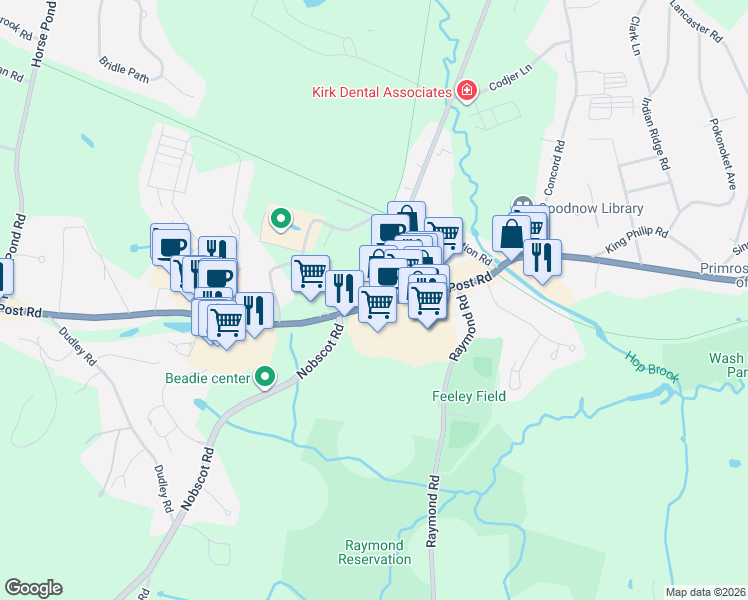 map of restaurants, bars, coffee shops, grocery stores, and more near 427 Boston Post Rd in Sudbury