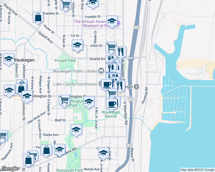 map of restaurants, bars, coffee shops, grocery stores, and more near 9 North County Street in Waukegan