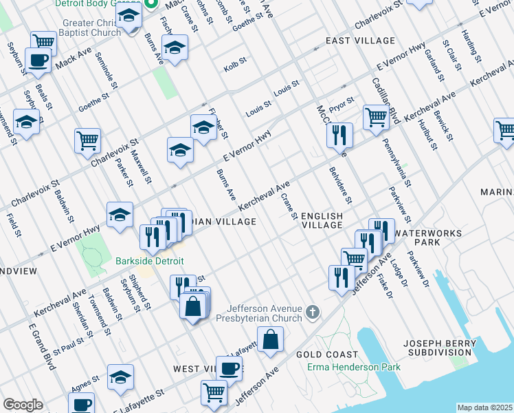 map of restaurants, bars, coffee shops, grocery stores, and more near 1774 Burns Avenue in Detroit