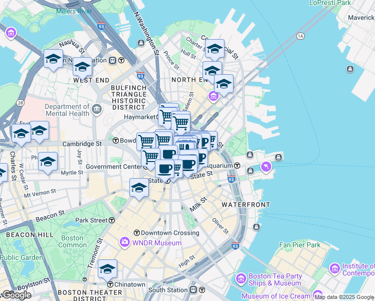 map of restaurants, bars, coffee shops, grocery stores, and more near 28 Merchants Row in Boston