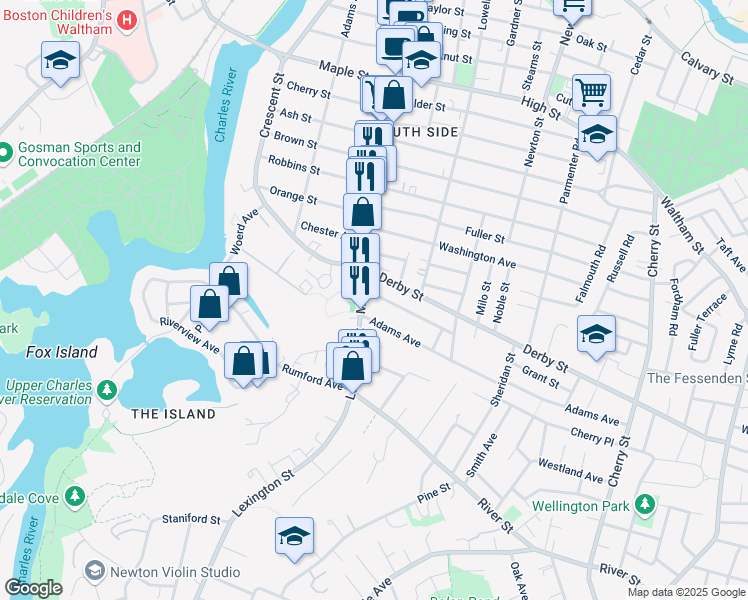 map of restaurants, bars, coffee shops, grocery stores, and more near 30 Adams Avenue in Newton