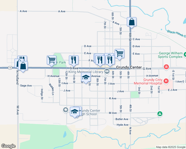 map of restaurants, bars, coffee shops, grocery stores, and more near 800-898 9th St in Grundy Center