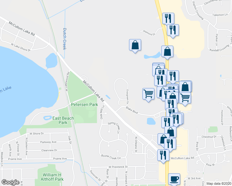 map of restaurants, bars, coffee shops, grocery stores, and more near 2639 Evergreen Circle in McHenry
