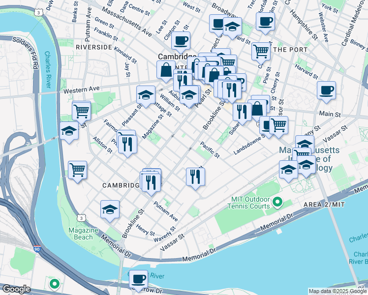 map of restaurants, bars, coffee shops, grocery stores, and more near 10 Decatur Street in Cambridge