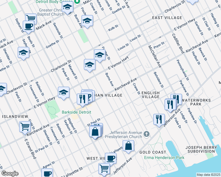 map of restaurants, bars, coffee shops, grocery stores, and more near 2165 Burns Avenue in Detroit