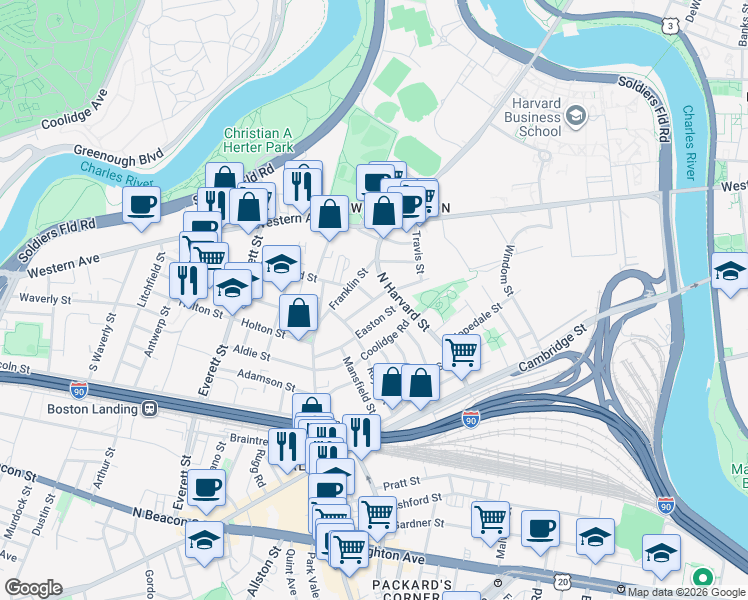 map of restaurants, bars, coffee shops, grocery stores, and more near Bayard Street in Boston