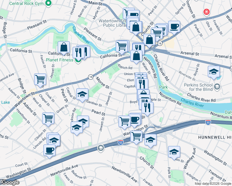 map of restaurants, bars, coffee shops, grocery stores, and more near 105 Union Street in Watertown