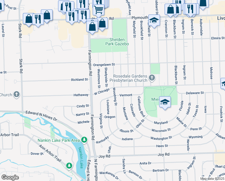 map of restaurants, bars, coffee shops, grocery stores, and more near 32830 West Chicago in Livonia