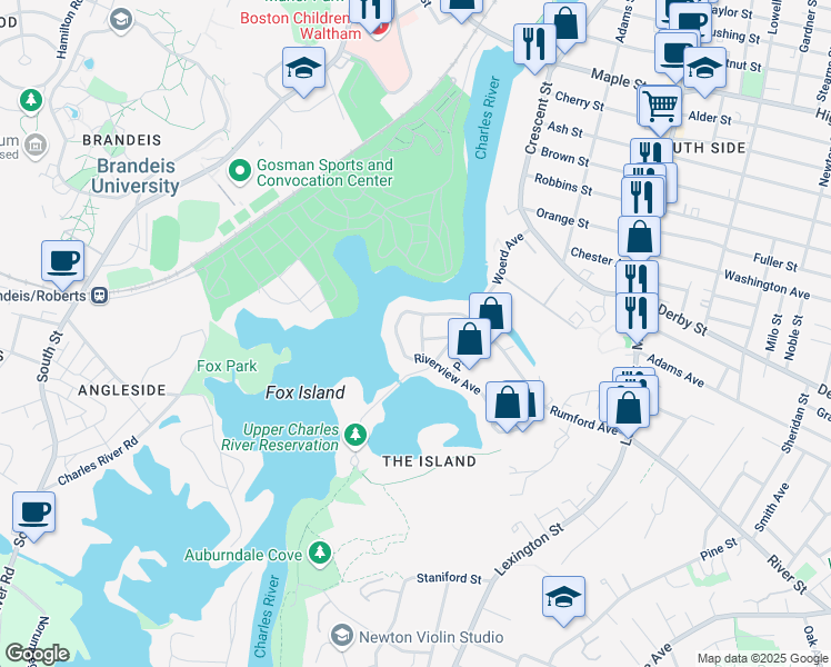 map of restaurants, bars, coffee shops, grocery stores, and more near 57 Riverview Avenue in Waltham