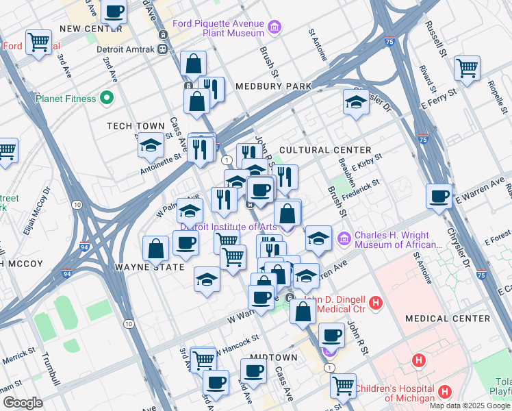 map of restaurants, bars, coffee shops, grocery stores, and more near 5510 Woodward Avenue in Detroit