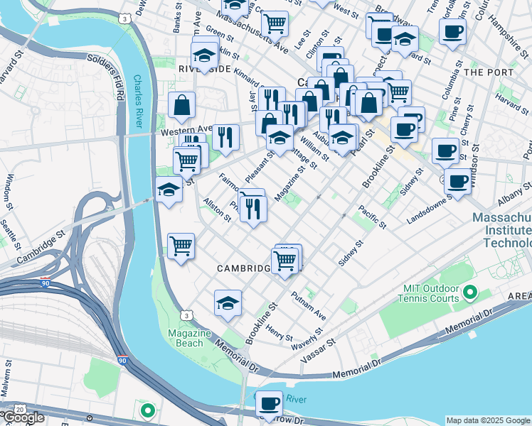 map of restaurants, bars, coffee shops, grocery stores, and more near Magazine Street in Cambridge