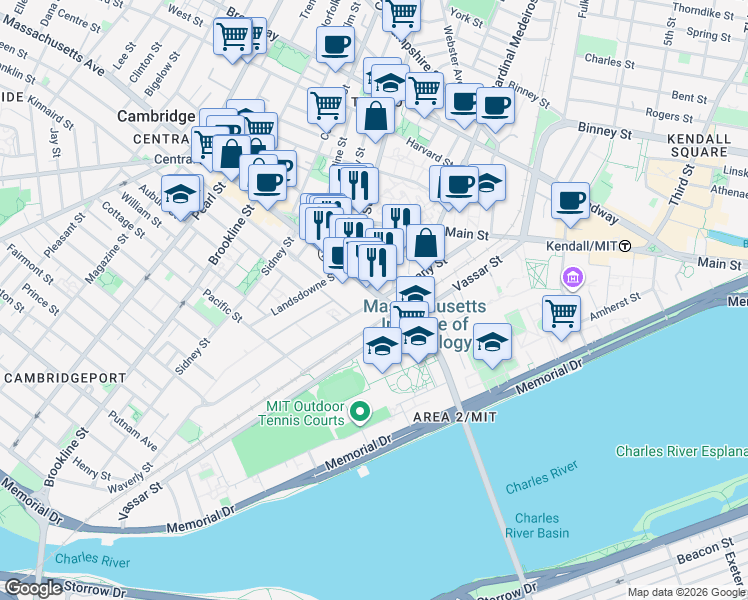 map of restaurants, bars, coffee shops, grocery stores, and more near 180 Massachusetts Avenue in Cambridge