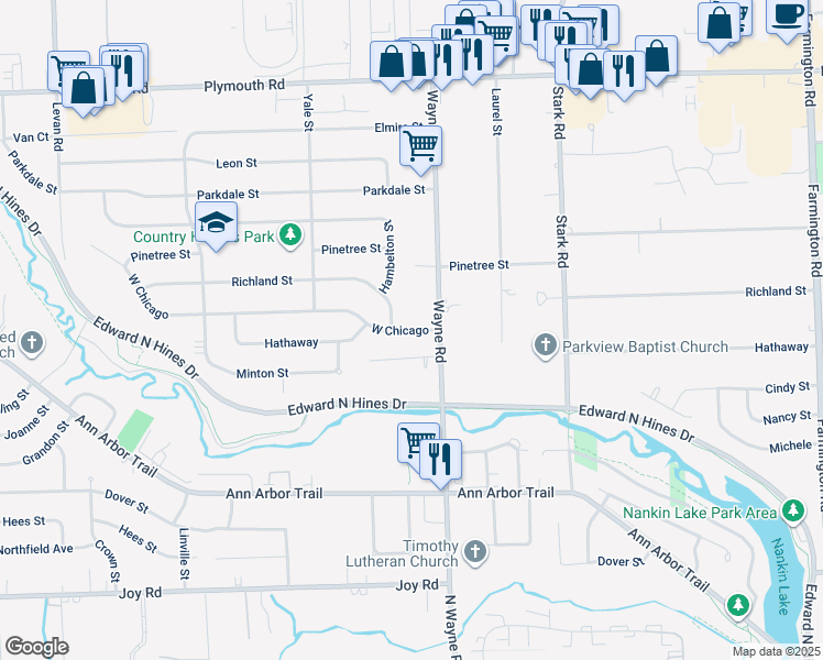 map of restaurants, bars, coffee shops, grocery stores, and more near 34950 West Chicago Street in Livonia