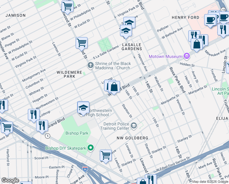 map of restaurants, bars, coffee shops, grocery stores, and more near 7619 Stanton St in Detroit