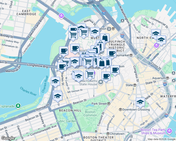 map of restaurants, bars, coffee shops, grocery stores, and more near 165 Cambridge Street in Boston