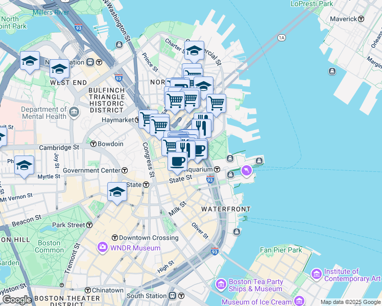 map of restaurants, bars, coffee shops, grocery stores, and more near 47 Fulton Street in Boston